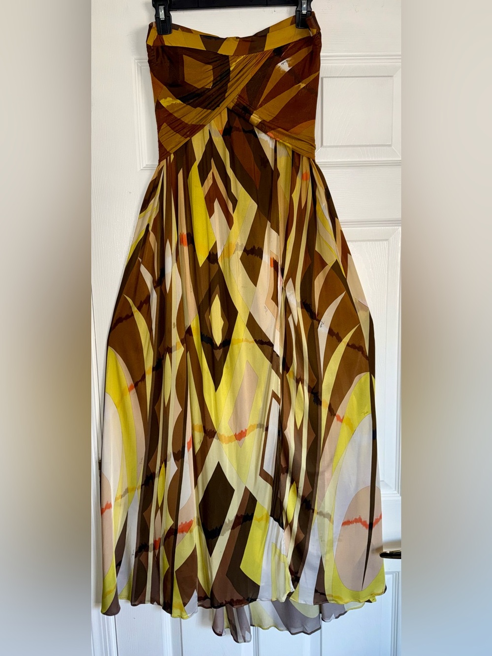 EMILIO PUCCI Brown Yellow Geometric Crossover Strapless Flowy Maxi 44 US 10 Y2K - Picture 2 of 16